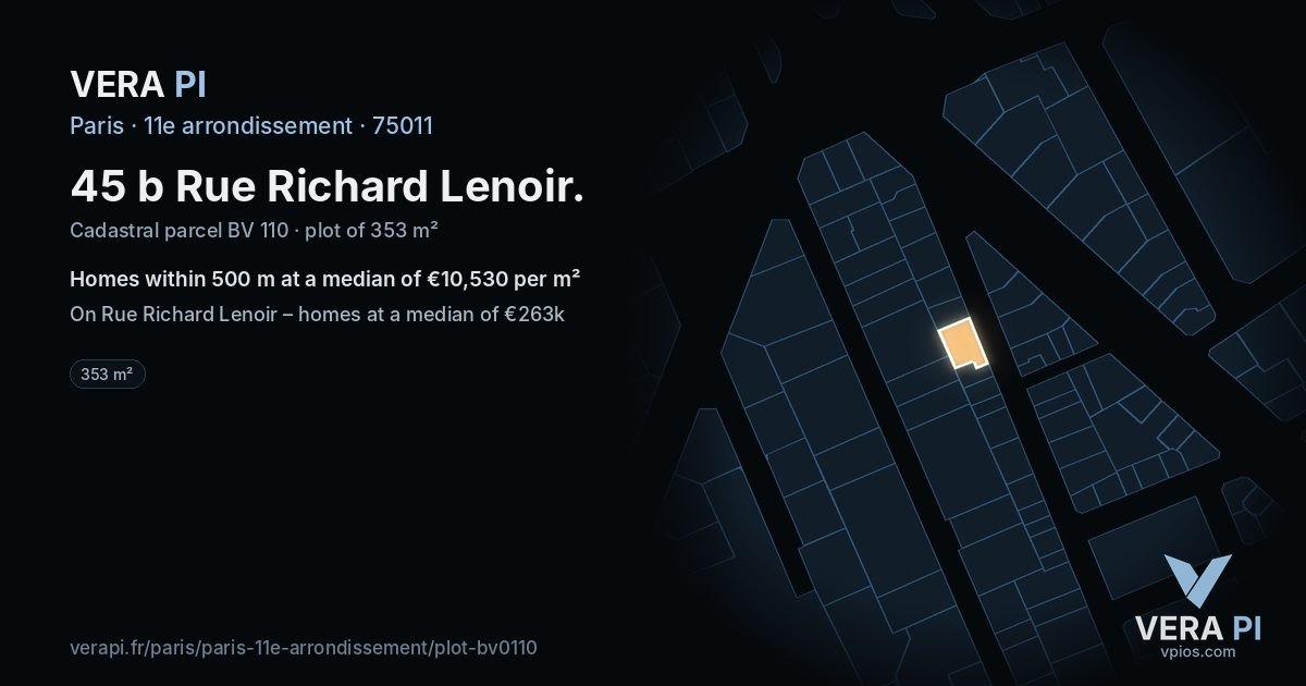 45 b Rue Richard Lenoir, 11e arrondissement at night – the plot lit, the parcels around coloured by the prices near them