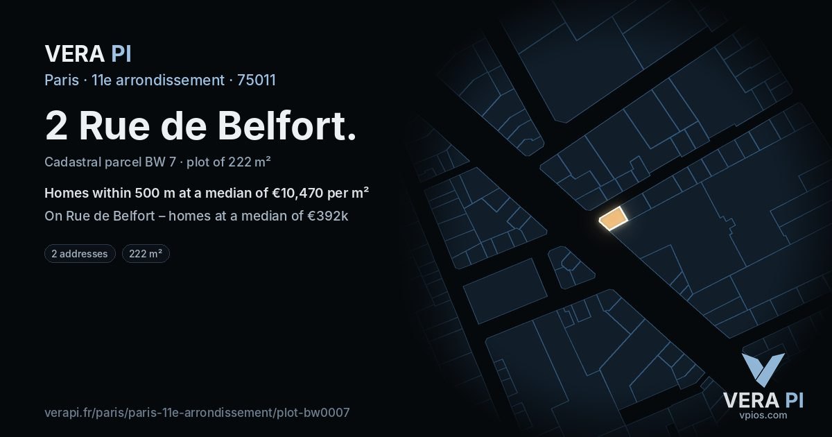 2 Rue de Belfort, 11e arrondissement at night – the plot lit, the parcels around coloured by the prices near them