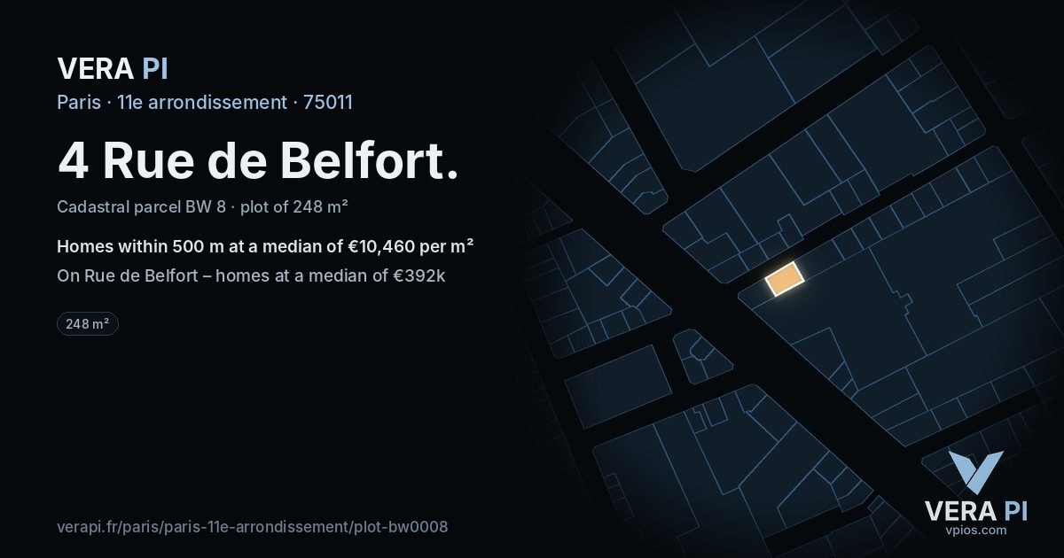 4 Rue de Belfort, 11e arrondissement at night – the plot lit, the parcels around coloured by the prices near them