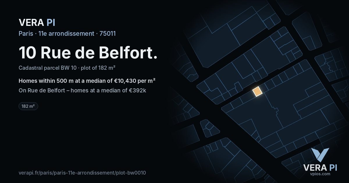 10 Rue de Belfort, 11e arrondissement at night – the plot lit, the parcels around coloured by the prices near them