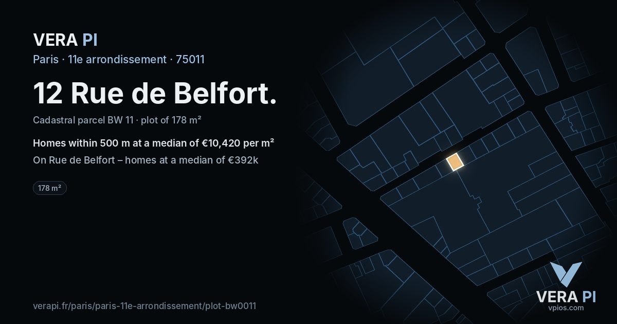 12 Rue de Belfort, 11e arrondissement at night – the plot lit, the parcels around coloured by the prices near them