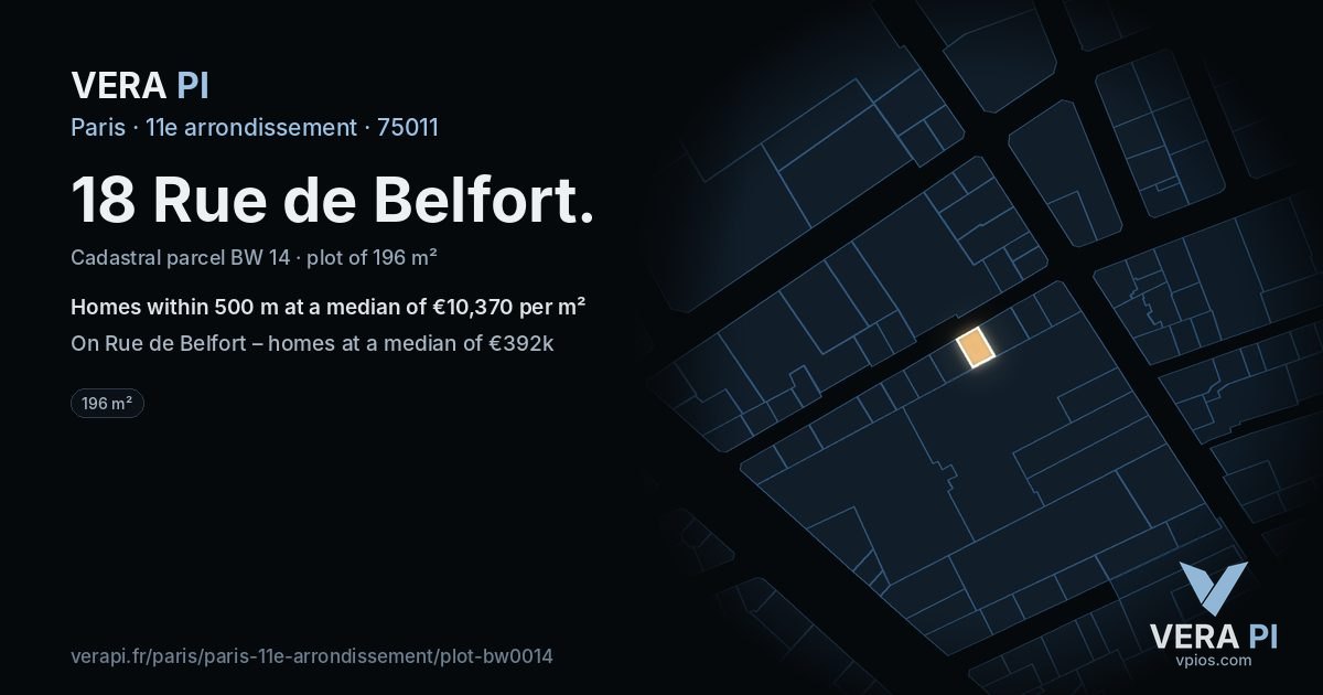 18 Rue de Belfort, 11e arrondissement at night – the plot lit, the parcels around coloured by the prices near them