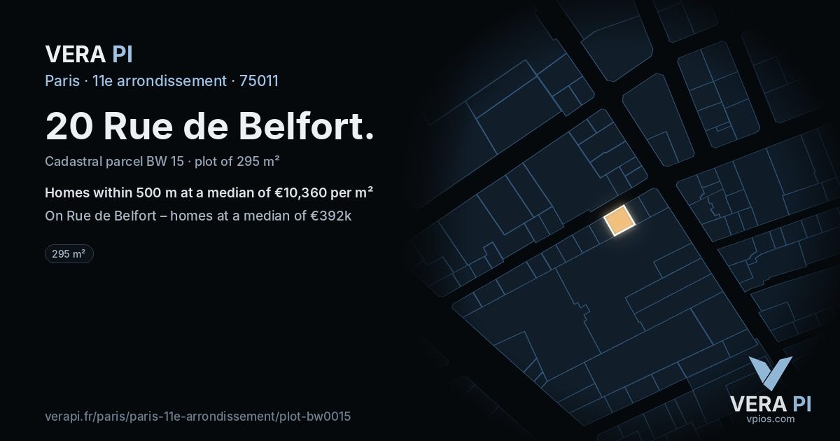 20 Rue de Belfort, 11e arrondissement at night – the plot lit, the parcels around coloured by the prices near them