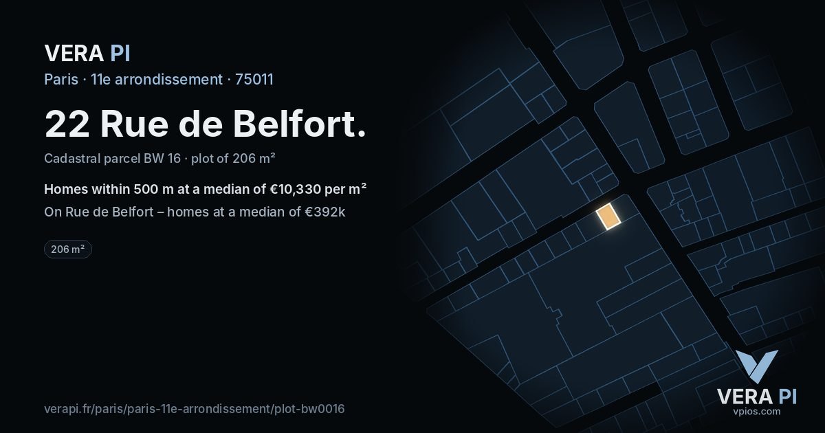 22 Rue de Belfort, 11e arrondissement at night – the plot lit, the parcels around coloured by the prices near them