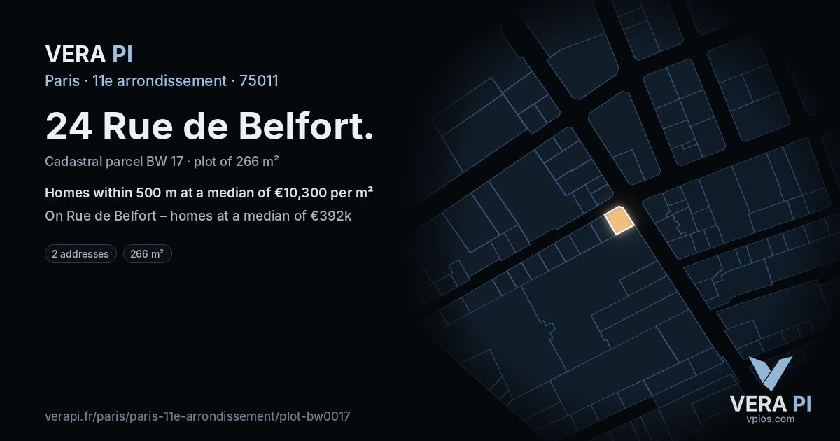 24 Rue de Belfort, 11e arrondissement at night – the plot lit, the parcels around coloured by the prices near them