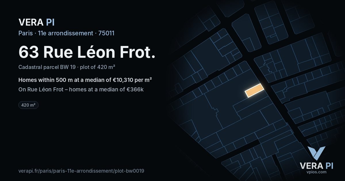 63 Rue Léon Frot, 11e arrondissement at night – the plot lit, the parcels around coloured by the prices near them