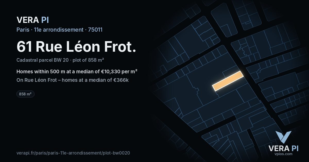 61 Rue Léon Frot, 11e arrondissement at night – the plot lit, the parcels around coloured by the prices near them