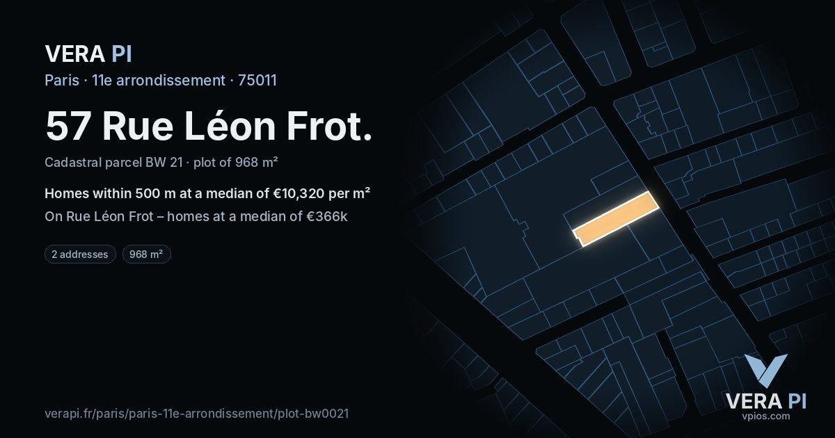 57 Rue Léon Frot, 11e arrondissement at night – the plot lit, the parcels around coloured by the prices near them