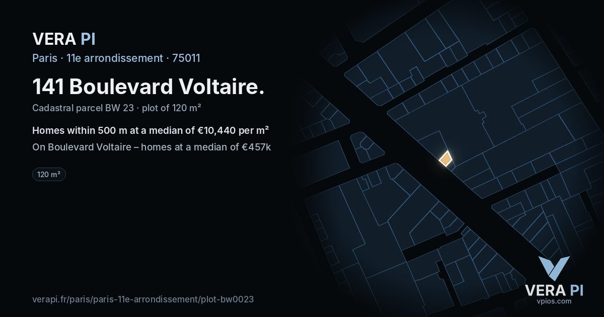 141 Boulevard Voltaire, 11e arrondissement at night – the plot lit, the parcels around coloured by the prices near them