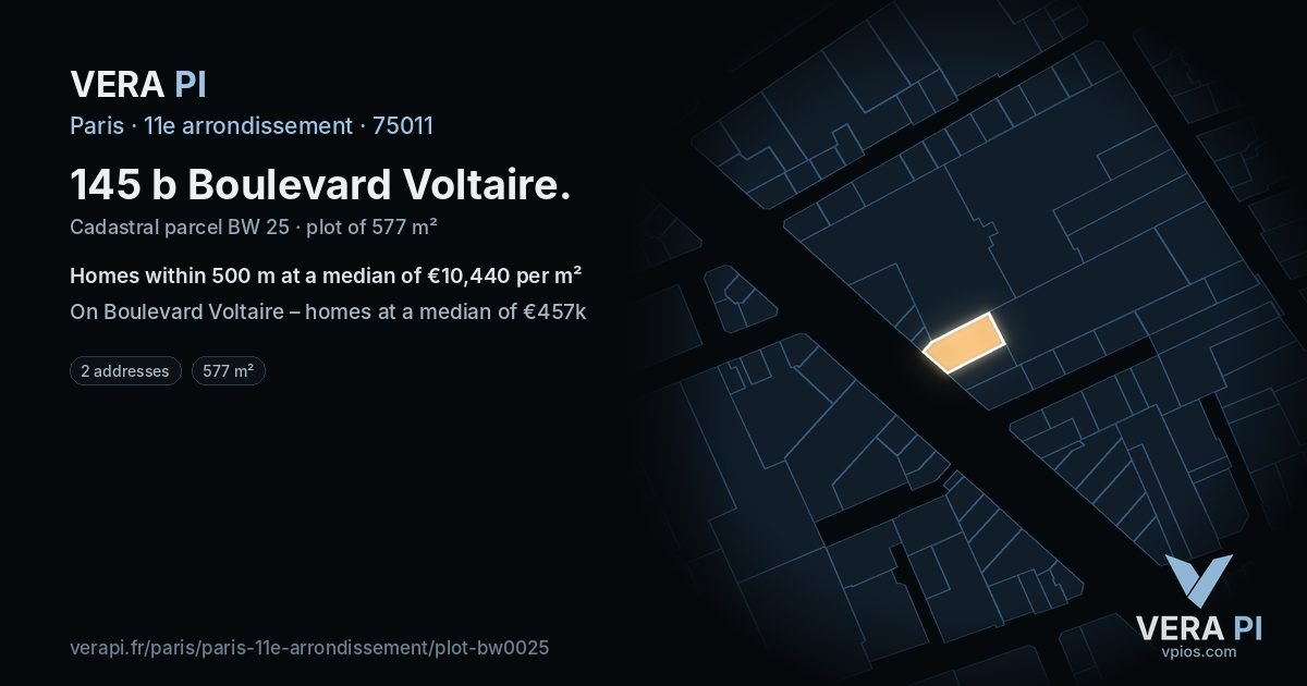 145 b Boulevard Voltaire, 11e arrondissement at night – the plot lit, the parcels around coloured by the prices near them