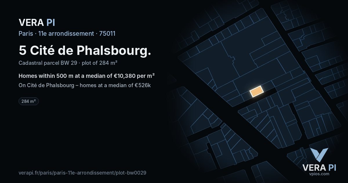 5 Cité de Phalsbourg, 11e arrondissement at night – the plot lit, the parcels around coloured by the prices near them