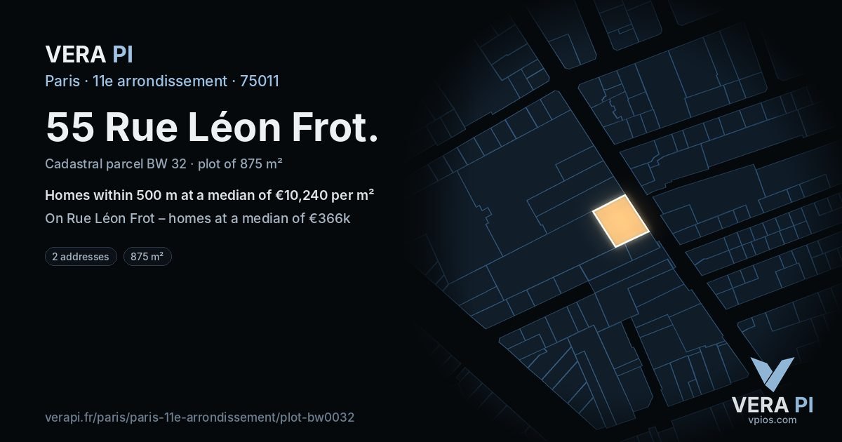 55 Rue Léon Frot, 11e arrondissement at night – the plot lit, the parcels around coloured by the prices near them