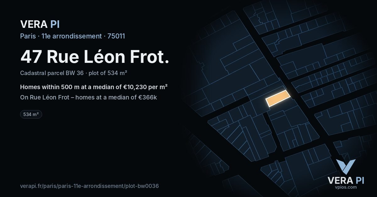 47 Rue Léon Frot, 11e arrondissement at night – the plot lit, the parcels around coloured by the prices near them