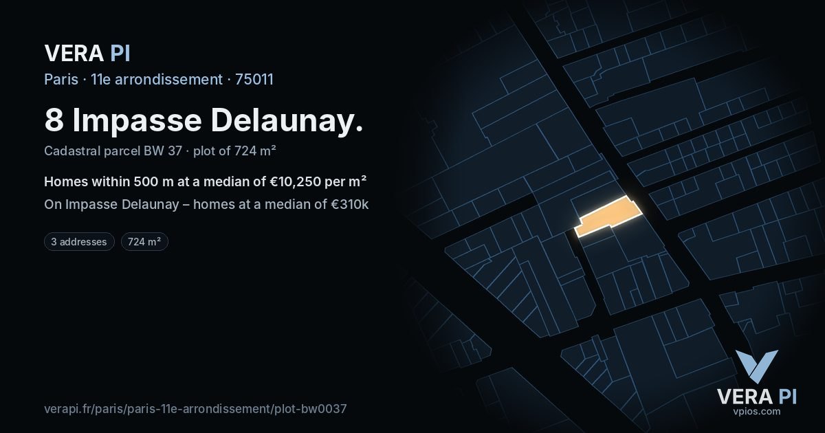 8 Impasse Delaunay, 11e arrondissement at night – the plot lit, the parcels around coloured by the prices near them