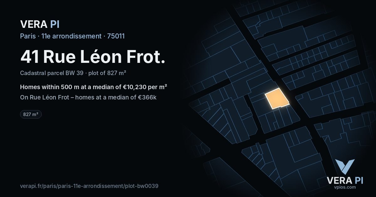 41 Rue Léon Frot, 11e arrondissement at night – the plot lit, the parcels around coloured by the prices near them