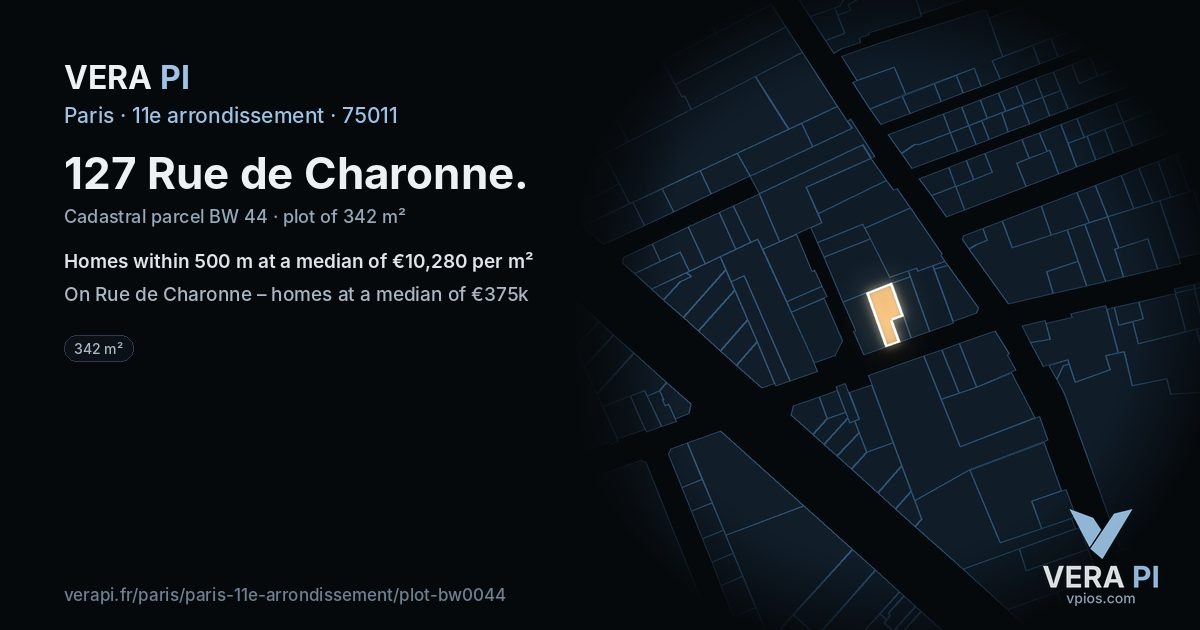 127 Rue de Charonne, 11e arrondissement at night – the plot lit, the parcels around coloured by the prices near them
