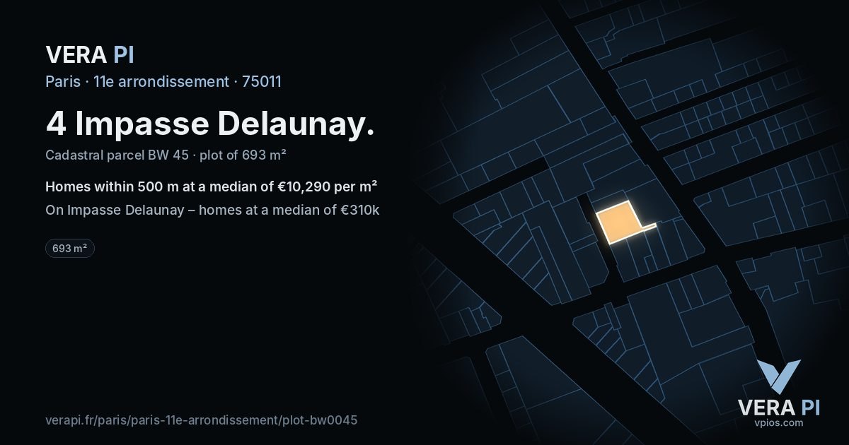 4 Impasse Delaunay, 11e arrondissement at night – the plot lit, the parcels around coloured by the prices near them
