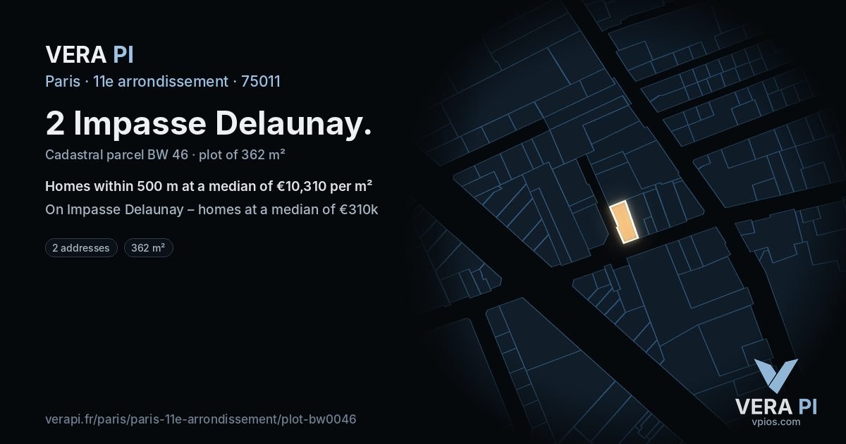2 Impasse Delaunay, 11e arrondissement at night – the plot lit, the parcels around coloured by the prices near them