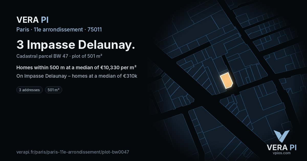 3 Impasse Delaunay, 11e arrondissement at night – the plot lit, the parcels around coloured by the prices near them