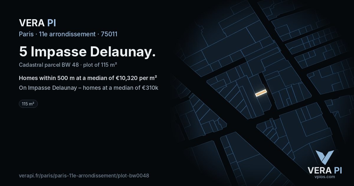 5 Impasse Delaunay, 11e arrondissement at night – the plot lit, the parcels around coloured by the prices near them