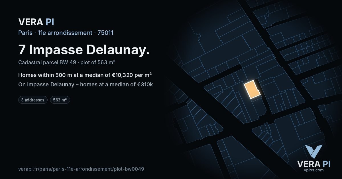 7 Impasse Delaunay, 11e arrondissement at night – the plot lit, the parcels around coloured by the prices near them