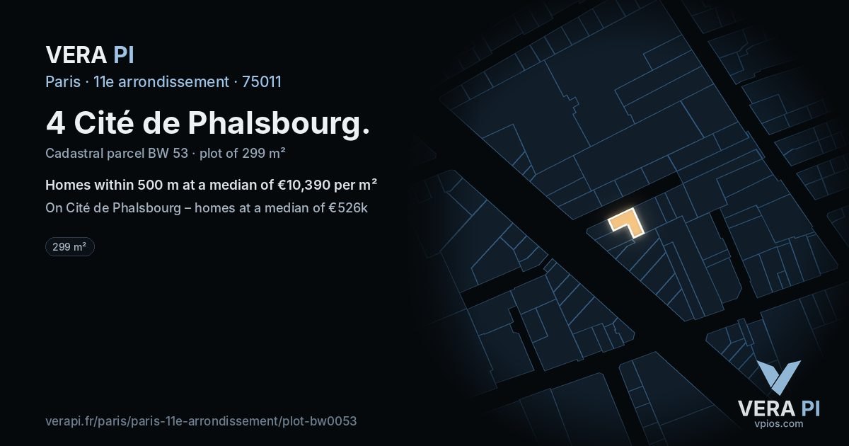 4 Cité de Phalsbourg, 11e arrondissement at night – the plot lit, the parcels around coloured by the prices near them