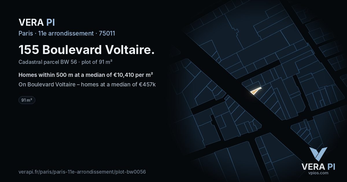 155 Boulevard Voltaire, 11e arrondissement at night – the plot lit, the parcels around coloured by the prices near them