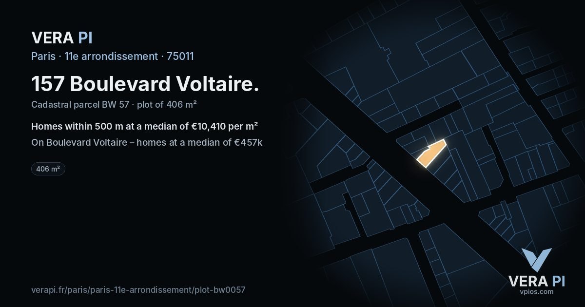 157 Boulevard Voltaire, 11e arrondissement at night – the plot lit, the parcels around coloured by the prices near them