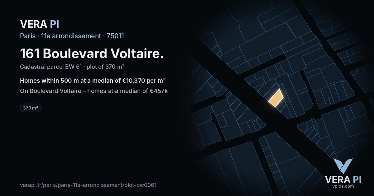 161 Boulevard Voltaire, 11e arrondissement at night – the plot lit, the parcels around coloured by the prices near them