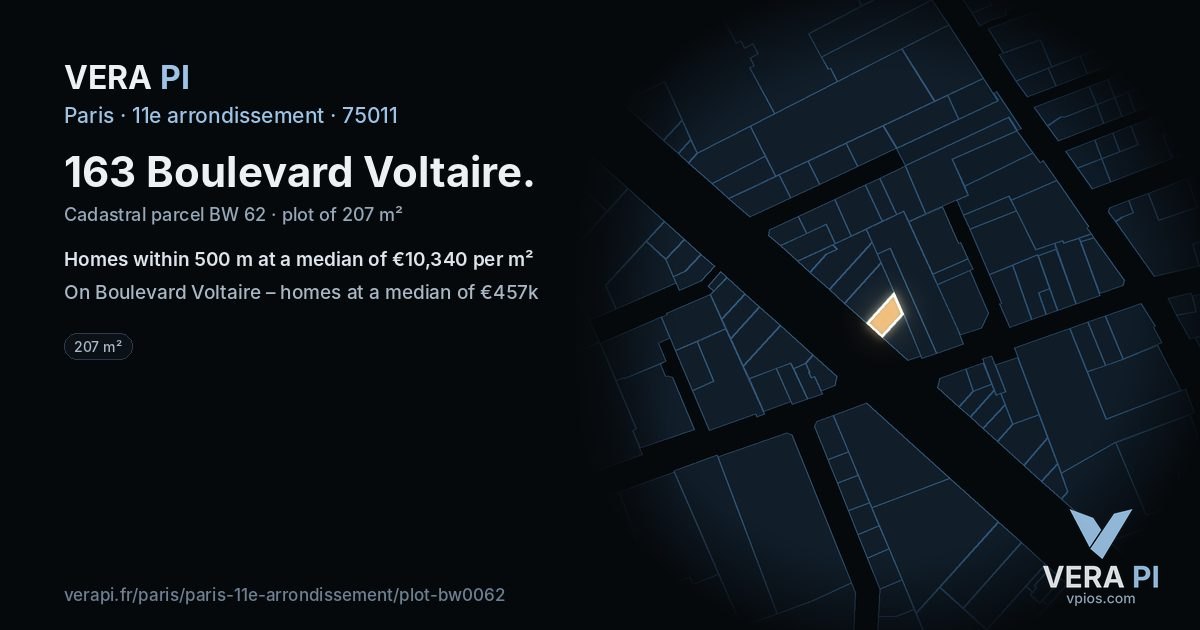 163 Boulevard Voltaire, 11e arrondissement at night – the plot lit, the parcels around coloured by the prices near them