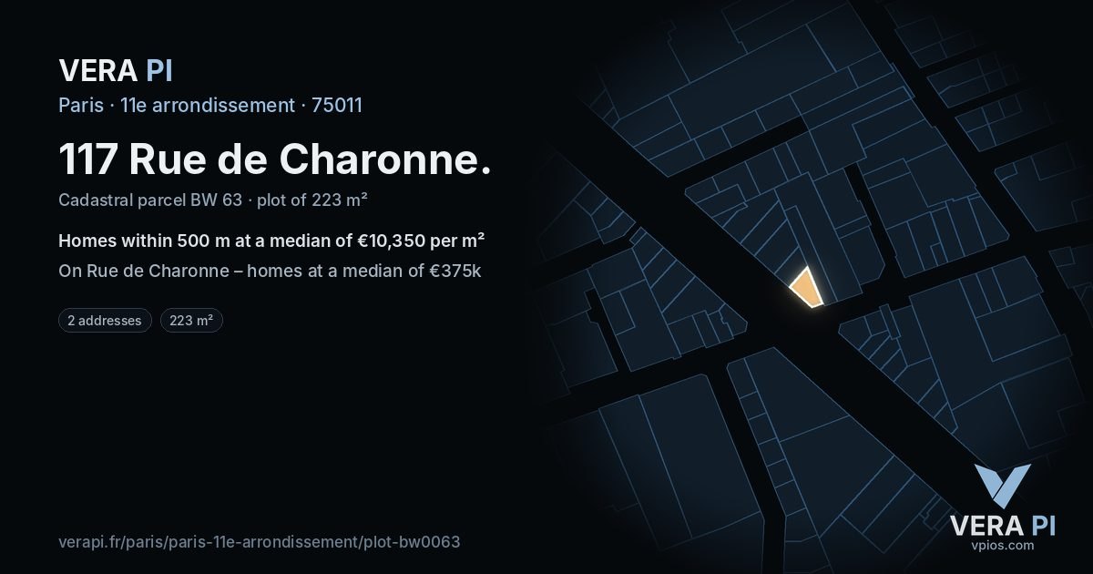 117 Rue de Charonne, 11e arrondissement at night – the plot lit, the parcels around coloured by the prices near them