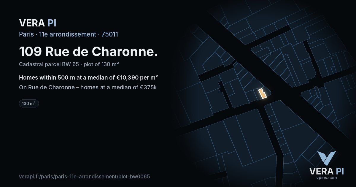109 Rue de Charonne, 11e arrondissement at night – the plot lit, the parcels around coloured by the prices near them
