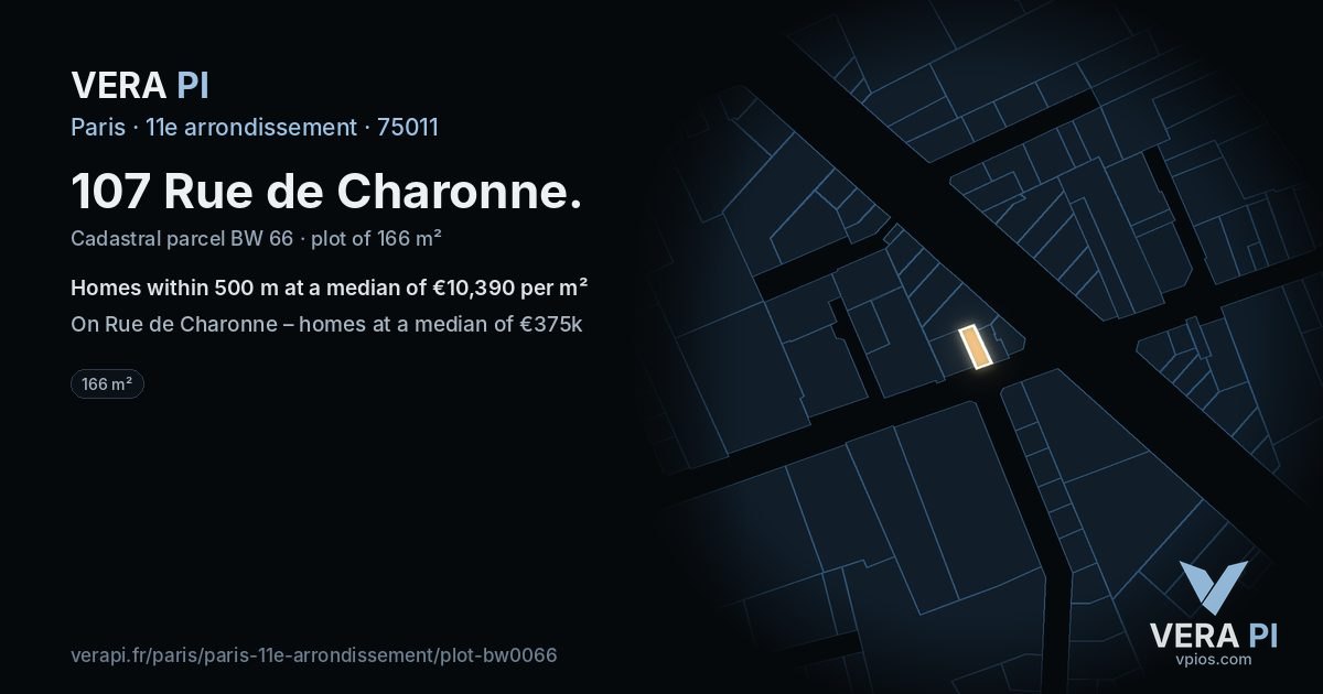 107 Rue de Charonne, 11e arrondissement at night – the plot lit, the parcels around coloured by the prices near them