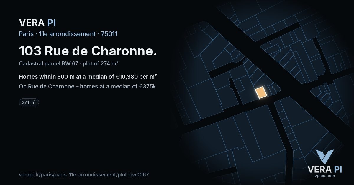 103 Rue de Charonne, 11e arrondissement at night – the plot lit, the parcels around coloured by the prices near them