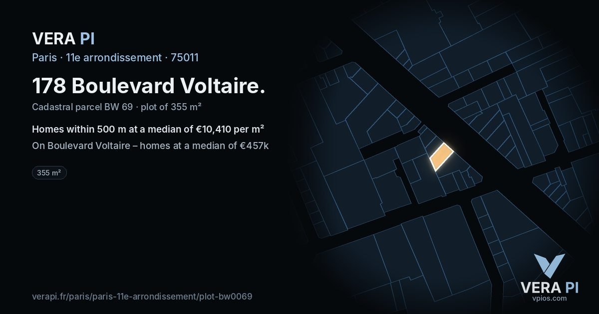 178 Boulevard Voltaire, 11e arrondissement at night – the plot lit, the parcels around coloured by the prices near them