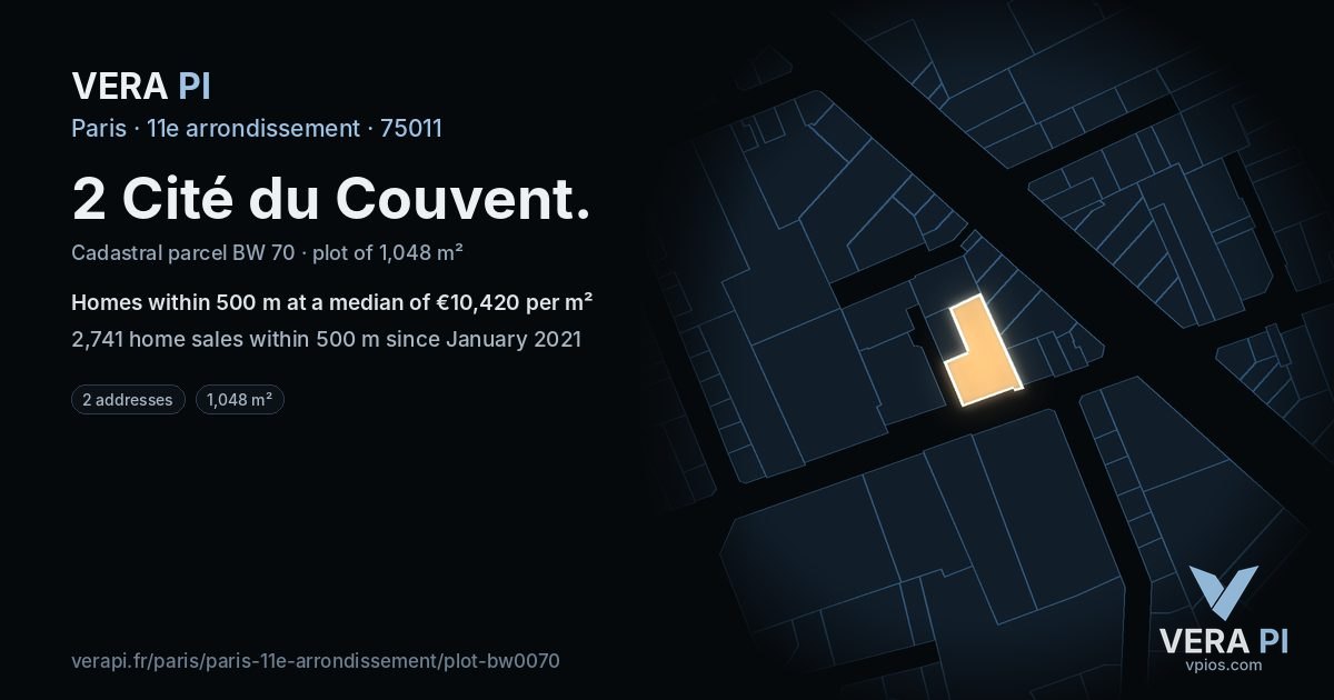 2 Cité du Couvent, 11e arrondissement at night – the plot lit, the parcels around coloured by the prices near them