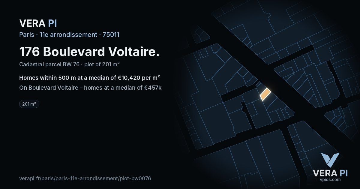 176 Boulevard Voltaire, 11e arrondissement at night – the plot lit, the parcels around coloured by the prices near them