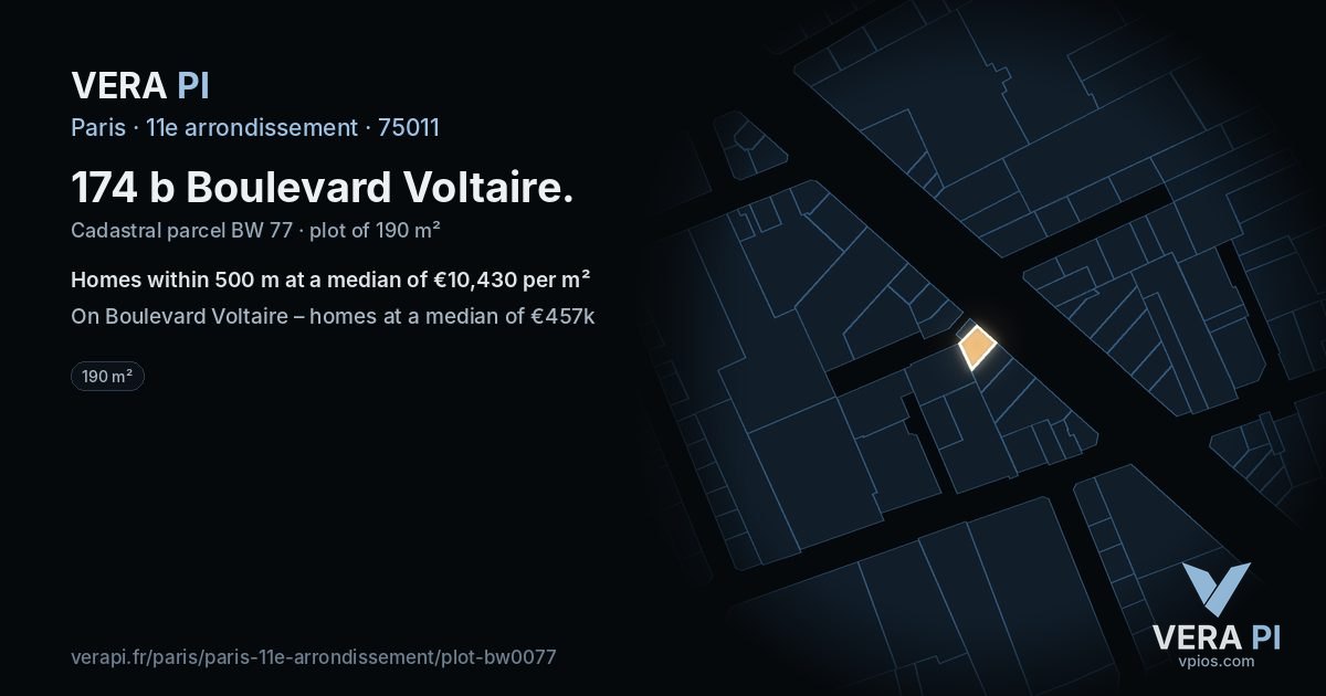 174 b Boulevard Voltaire, 11e arrondissement at night – the plot lit, the parcels around coloured by the prices near them