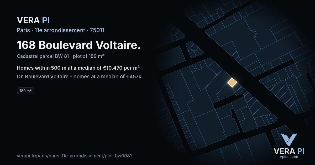 168 Boulevard Voltaire, 11e arrondissement at night – the plot lit, the parcels around coloured by the prices near them