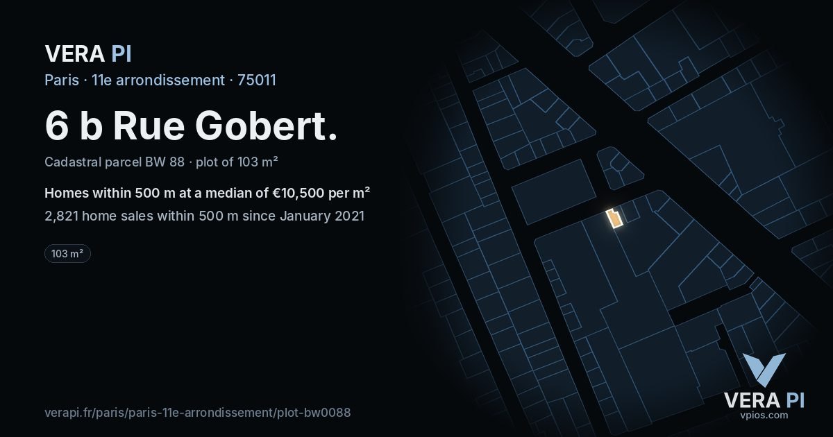 6 b Rue Gobert, 11e arrondissement at night – the plot lit, the parcels around coloured by the prices near them