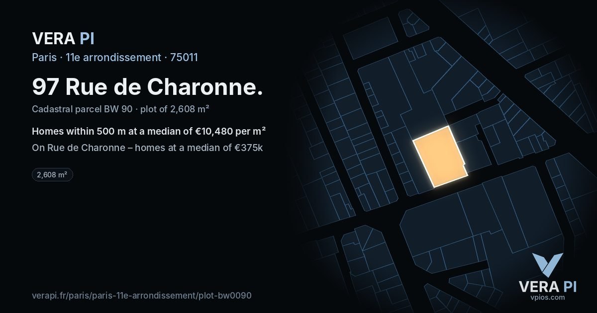 97 Rue de Charonne, 11e arrondissement at night – the plot lit, the parcels around coloured by the prices near them