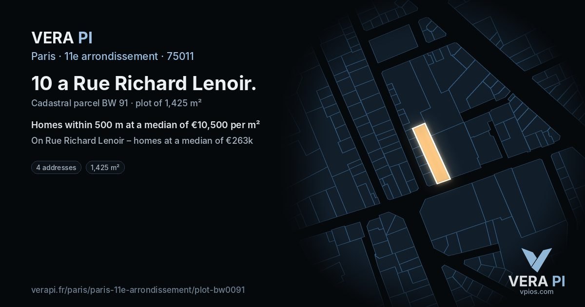 10 a Rue Richard Lenoir, 11e arrondissement at night – the plot lit, the parcels around coloured by the prices near them