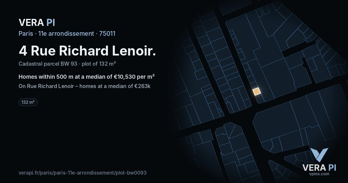 4 Rue Richard Lenoir, 11e arrondissement at night – the plot lit, the parcels around coloured by the prices near them