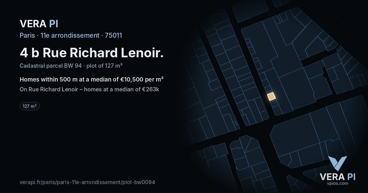 4 b Rue Richard Lenoir, 11e arrondissement at night – the plot lit, the parcels around coloured by the prices near them