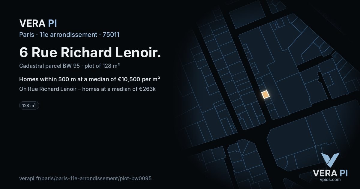 6 Rue Richard Lenoir, 11e arrondissement at night – the plot lit, the parcels around coloured by the prices near them