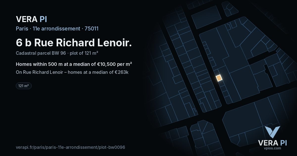 6 b Rue Richard Lenoir, 11e arrondissement at night – the plot lit, the parcels around coloured by the prices near them
