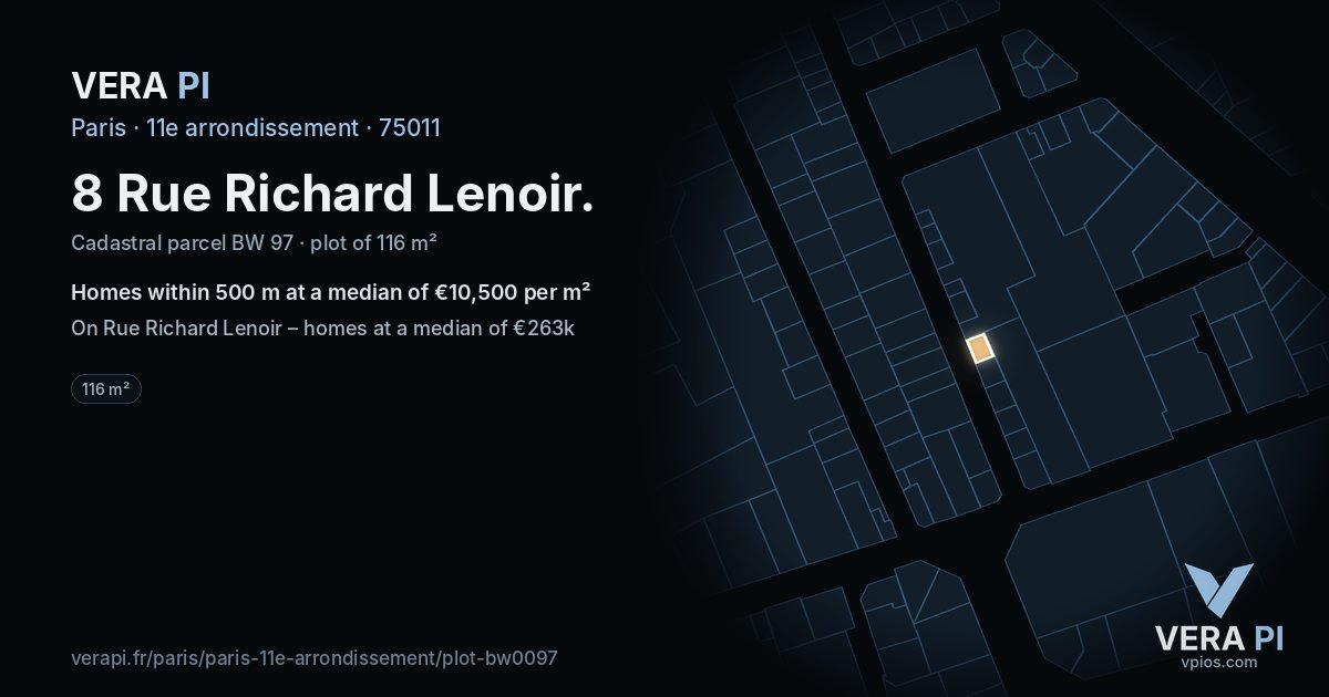 8 Rue Richard Lenoir, 11e arrondissement at night – the plot lit, the parcels around coloured by the prices near them