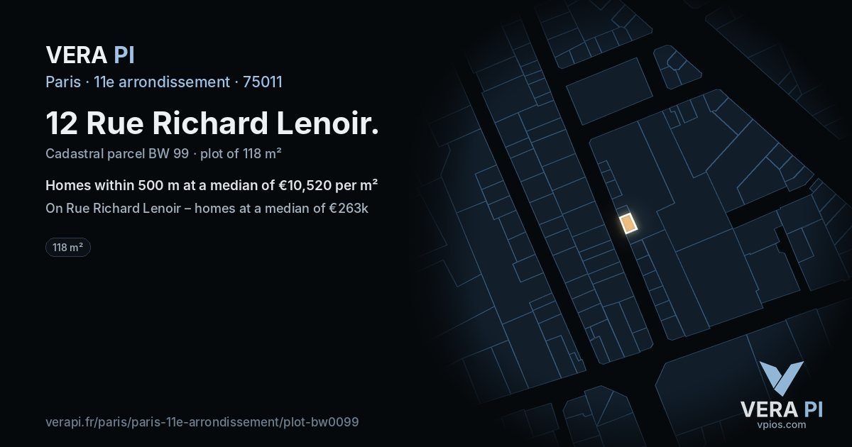 12 Rue Richard Lenoir, 11e arrondissement at night – the plot lit, the parcels around coloured by the prices near them