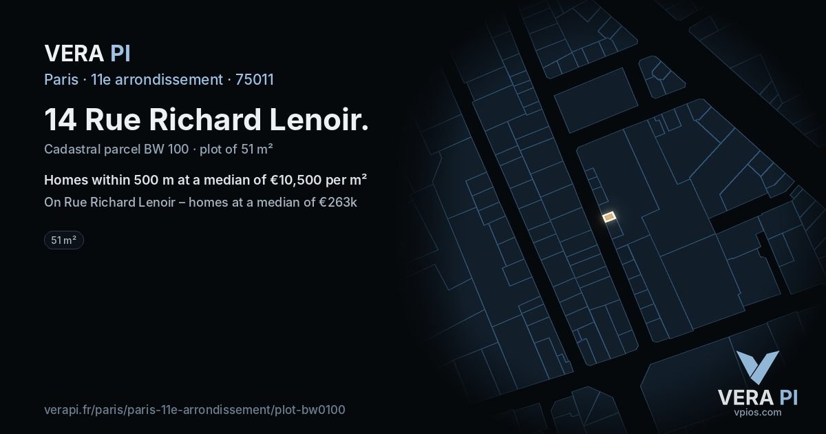 14 Rue Richard Lenoir, 11e arrondissement at night – the plot lit, the parcels around coloured by the prices near them