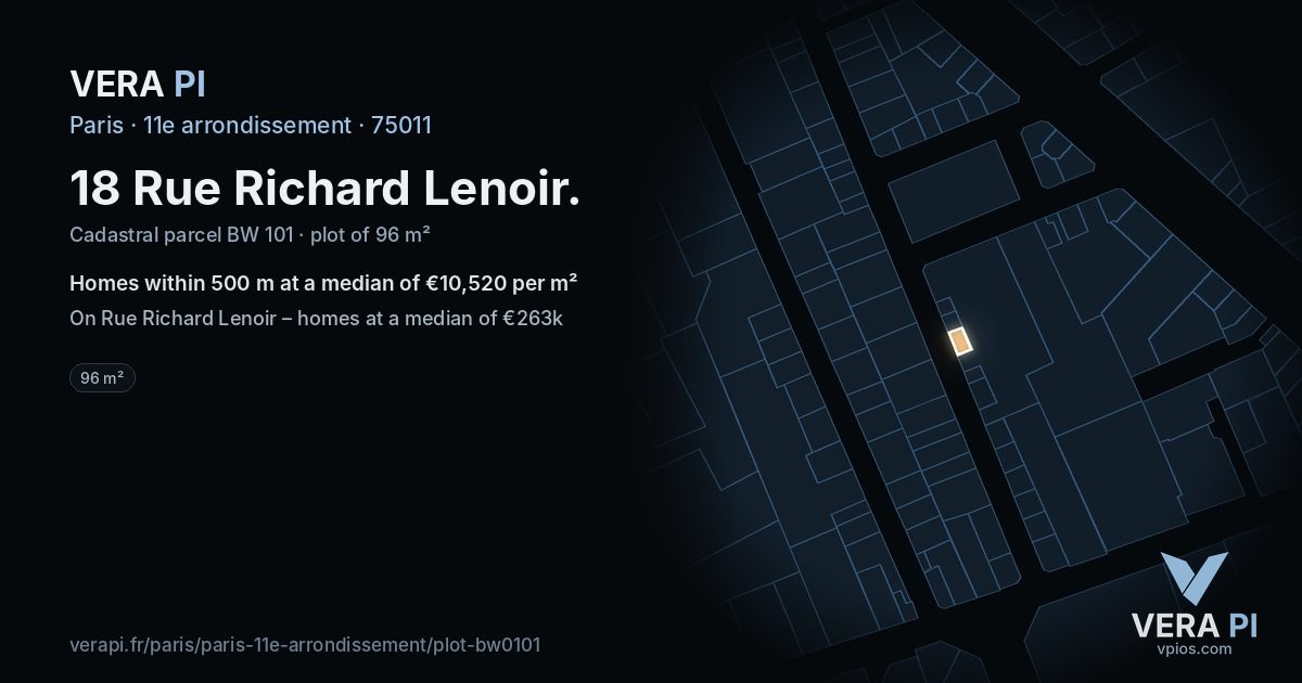 18 Rue Richard Lenoir, 11e arrondissement at night – the plot lit, the parcels around coloured by the prices near them